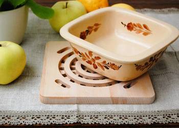 Kamionkowe naczynie żaroodporne, ręcznie malowane, vintage, beż, brąz