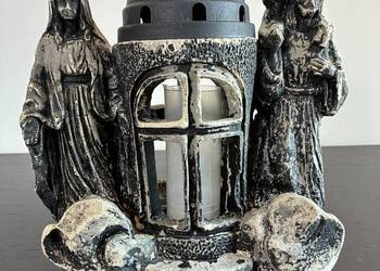 Gipsowa lampa / świecznik zdobiona Jezusem z barankiem i Maryją (lata 60/70