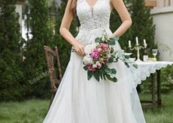Suknia ślubna boho linia-A haft koronka cekinki jasna kawa beż 34 XS 46 3XL