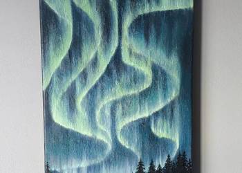 Obraz olejny "Zorza polarna nad lasem" 30x50 cm