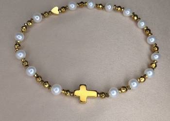 Bransoletka różaniec kamienie perły naturalne serduszko krzyżyk prezent