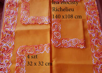Piękny lniany  obrus z  haftem RICHELIEU, plus 4 serwetki