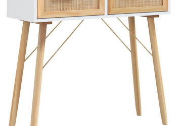 Stolik konsolowy biały 80x30x75 cm lita sosna i rattan WM-345624