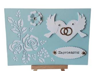 ZAPROSZENIA ŚLUB GOŁĘBIE Z OBRĄCZKĄ SERCE B6 BŁĘKIT - BIEL
