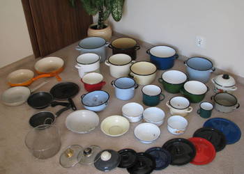 Emaliowane garnki pokrywki patelnie miski durszlak koszyk na frytki - PRL