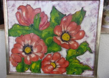 Obraz pieknych kolorowych kwiatów Olej na płótnie 55x46cm.