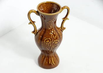 Piękny, Vintage Wazonu Ceramiczny w Brązowej Polewie z Reliefem Kwiatowym –