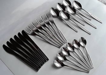 Sztućce PRL: 24 elementy, KRATKA, Polwid, łyżeczki, noże, widelce, łyżki