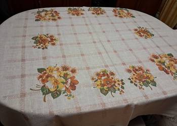 Obrus lniany kremowy w kwiaty, 140x136, do sprzedania