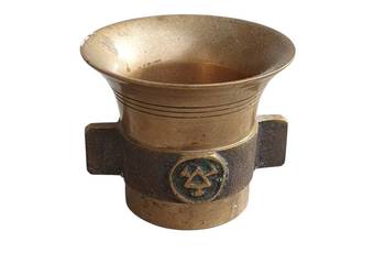 Stary mosiężny przedwojenny moździerz kuchenny / aptekarski – sygnowany