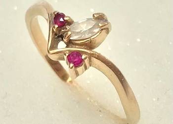 Złoty pierścionek 14K 585 z ametystami i kryształem – klasyk retro r. 15