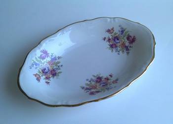 Półmisek Wałbrzych elegancki złocony talerz niebieskie kwiaty porcelana PRL