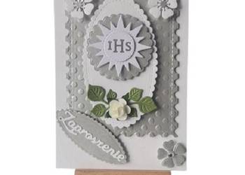 ZAPROSZENIA KOMUNIA UNIWERSALNE IHS SŁONECZKO KIELICH C6 SREBRO – BIEL