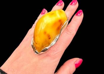 Okazały pierścionek regulowany srebro 925 bursztyn bałtycki rękodzieło