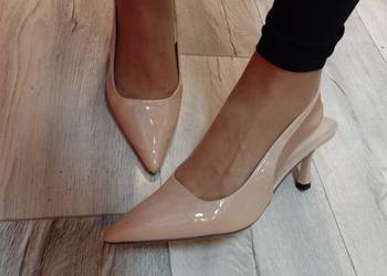 (40/41) Hologramowe, beżowe czółenka wieczorowe z odkrytą piętą, NOWE