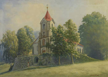 Obraz olejny - Widok na kościół, 1960, Jan WALATEK