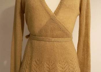 Sweter Wełniany Moherowy Kopertowy Wiązany Ażurowy Camelowy Mgiełka L