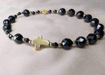 Bransoletka różaniec kamienie czarny turmalin krzyżyk serduszko prezent