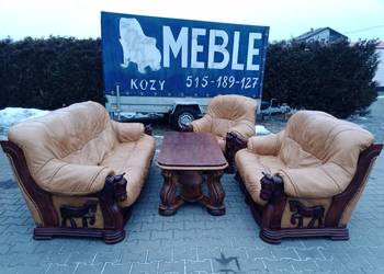 Komplet z Rzeźbami Głów Konia  3+2+1 i Ława KLER Rozkładana , Dąb - Skóra M