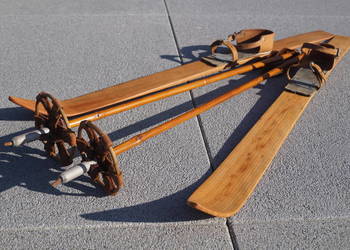 Stare drewniane narty dziecięce 100 cm + kijki