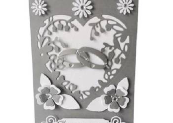 Zaproszenia Ślub Obrączki W Sercu Koronka C6 Szary -Biel