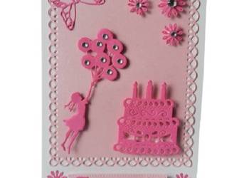 Zaproszenia Urodziny Tort Dziewczynka z Balonami B6 Ciemny róż – Jasny róż