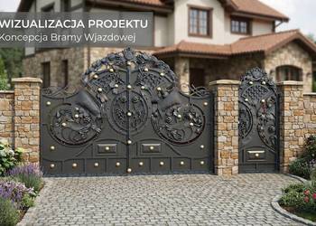 Nowoczesna kuta brama wjazdowa dwuskrzydłowa + Furtka