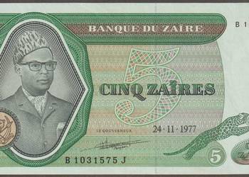 ZAIR 5 ZAIRÓW 1977 - MOBUTU SESE SEKO - STAN BANKOWY UNC