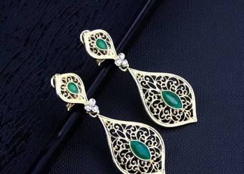 Duże kolczyki łezki orientalne arabskie złoty kolor zielony retro glam