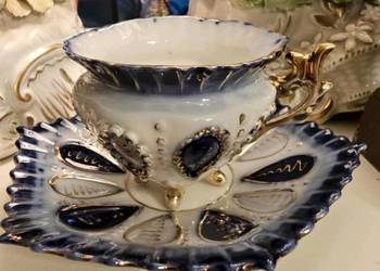 Wiktoriańska*kobaltwo złota*biżuteryjna filiżanka ze spodkiem