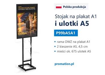 Czarny stand reklamowy na plakat A1 z kieszeniami na ulotki A5