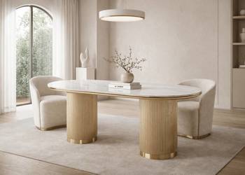 Owalny stół do jadalni salonu 180x90 z marmurem i ryflowanymi nogami