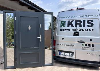 Drzwi drewniane OD RĘKI wejściowe z antracytdoświetlami 180x208 cała Polska