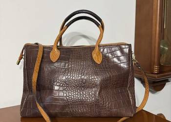 Torba skórzana damska brązowa z camelem wzór krokodyla A4 włoska naturalna