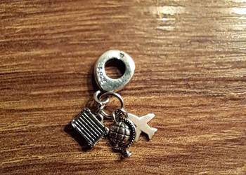 nowa srebrna (próba 925) zawieszka na bransoletkę globus, samolot i walizka