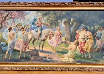 Duży obraz dekoracyjny  scena mitologiczna  piękna złocona rama – 123 × 63