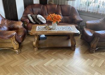 Komplet wypoczynkowy skórzany plus ława dębowa