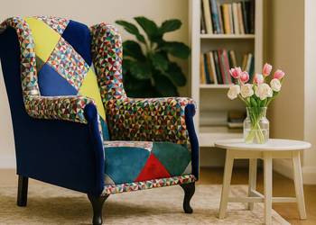 Fotel Uszak Designerski Wypoczynkowy Patchwork Welurowy Kolorowy do Salonu