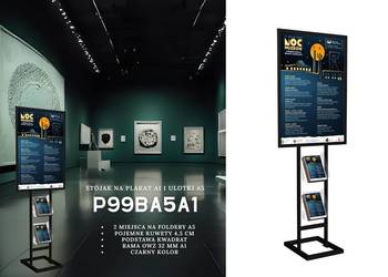 Czarny stand reklamowy na plakat A1 z kieszeniami na ulotki A5