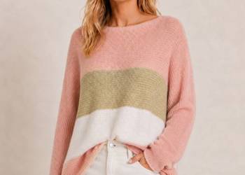 Sweter damski oversize w paski uni złota nitka biust 130 cm