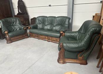 Masywny wypoczynek ze skóry zielonej na dębowym stelażu 3+1+1