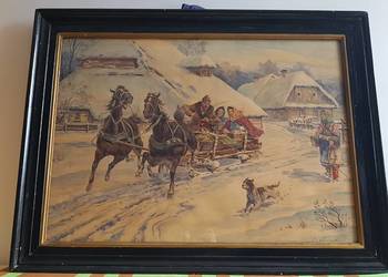 Stary duży obraz, akwarela sygnowana Cz. Wasilewski