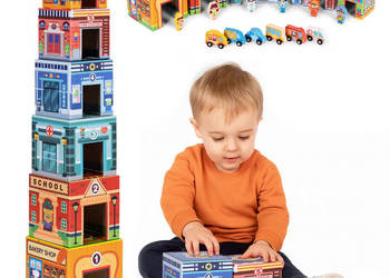 Wieża do układania piramida miasto sorter z figurkami i pojazdami 18 eleme…