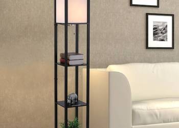 Lampa stojąca z półkami drewno czarne