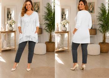 Bluza damska CEKINY biala-kieszenie-dekold serek -biust 110cm