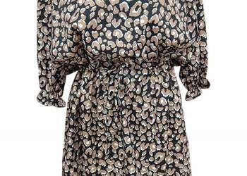 Sukienka glamour - panterka, falbanka, eleganckie wiązanie w pasie, biust