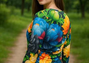 BLUZKA MOCNO ELASTYCZNA niebieski kwiat 2-3XL BIUST 140 CM