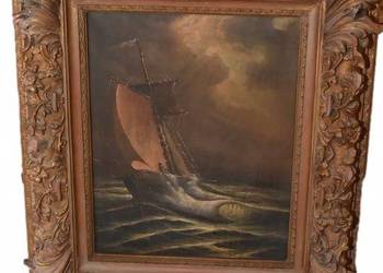 Łódź Na Wzburzonym Morzu - Marynistyczny Obraz Olejny - Zdobiona Rama