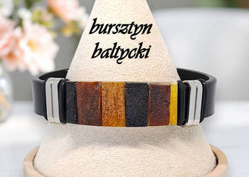 Bransoletka z bursztynu na skórze, skóra, bursztyn, surowa mix #819