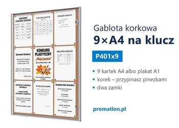 Gablota korkowa zamykana 9×A4 do szkoły, akademika i domu kultury P401x9